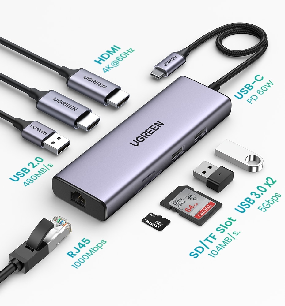 Adapter UGREEN 9-in-1 Hub USB-C 2x USB-A 3.0 USB-A 2.0 2x HDMI 4K/60Hz SD/TF RJ45 CM490 