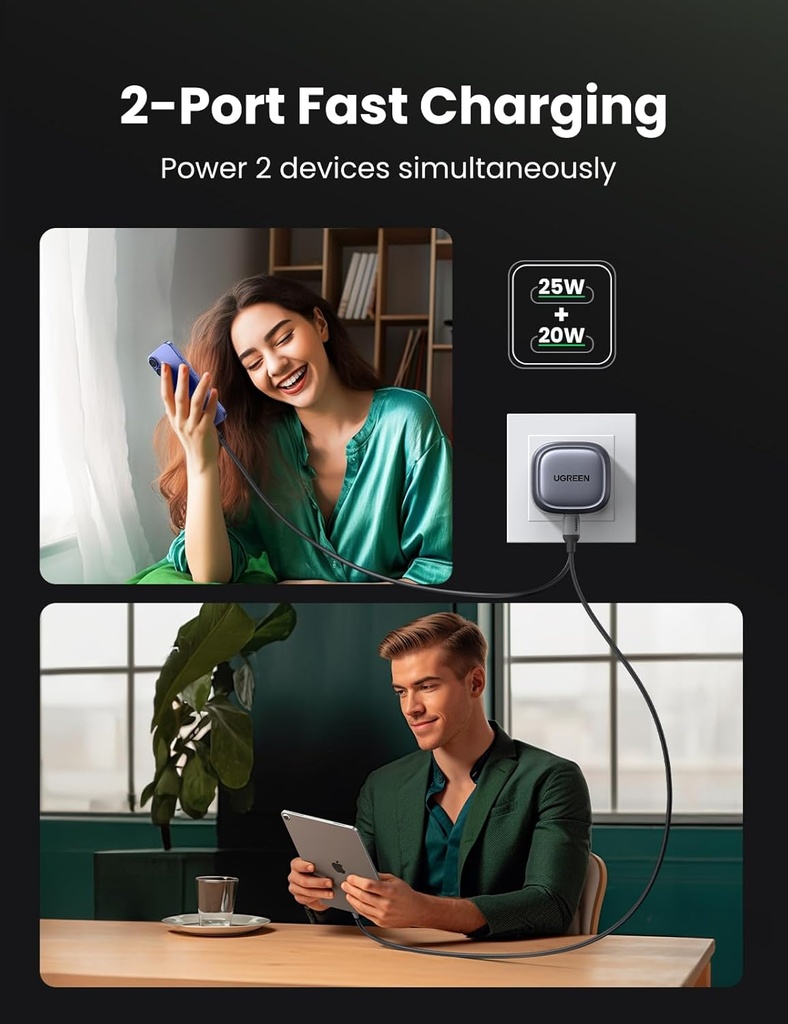 UGREEN USB C Charger 45W Nexode GaN Dual Ports Silver Grey - 90399
