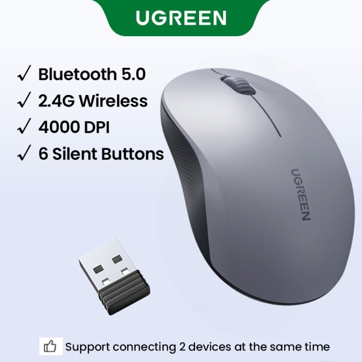 Ugreen Wireless Multi-Mode Mouse with Bluetooth and 2.4G Connection and Silent Clicks Gray - 65775 